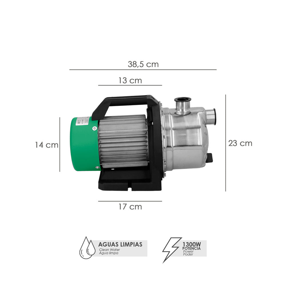 Bomba aguas limpias superficie acero inoxidable 1.300 w. 5.000 lts/hora, profundidad 8 m elevación 50 m Presión max: 5 bar