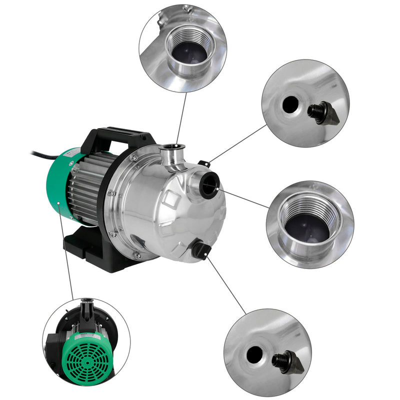 Bomba aguas limpias superficie acero inoxidable 1.300 w. 5.000 lts/hora, profundidad 8 mts elevación 50 mts. presión max: 5 bar