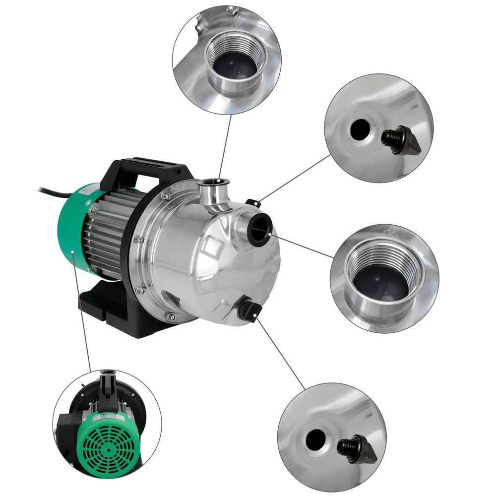 Bomba aguas limpias superficie acero inoxidable 1.300 w. 5.000 lts/hora, profundidad 8 m elevación 50 m Presión max: 5 bar