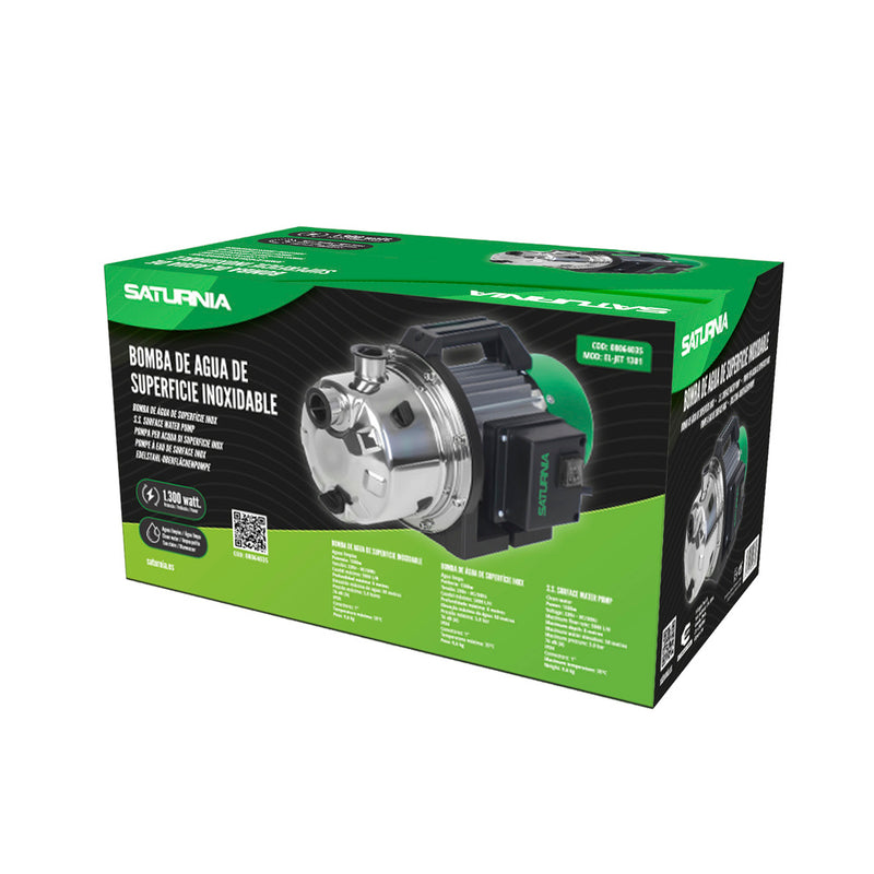 Bomba aguas limpias superficie acero inoxidable 1.300 w. 5.000 lts/hora, profundidad 8 mts elevación 50 mts. presión max: 5 bar