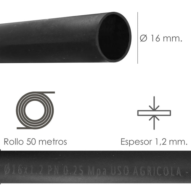 Tuberia de riego por goteo ø 16 mm. espesor tubo 1,2 mm. uso agricola 50 metros