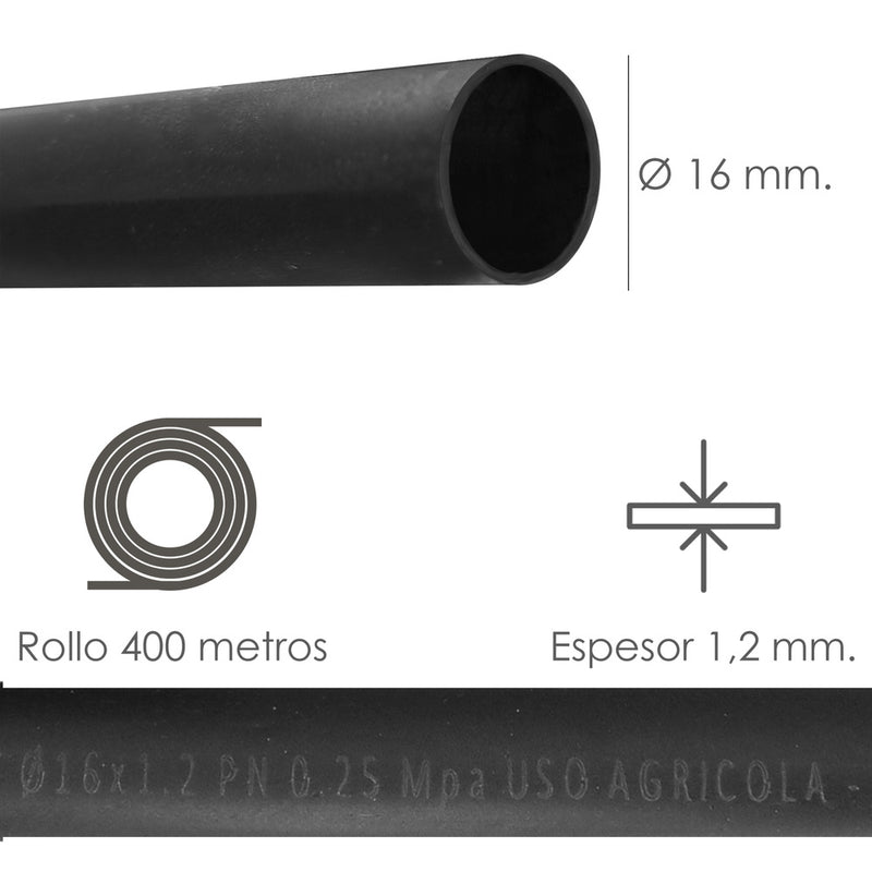 Tuberia de riego por goteo ø 16 mm. espesor tubo 1,2 mm. uso agricola 400 metros