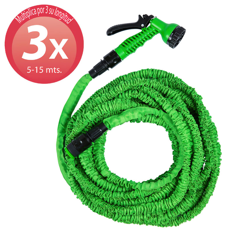 Manguera extensible riego  5 a 15 metros con  pistola de 7 posiciones