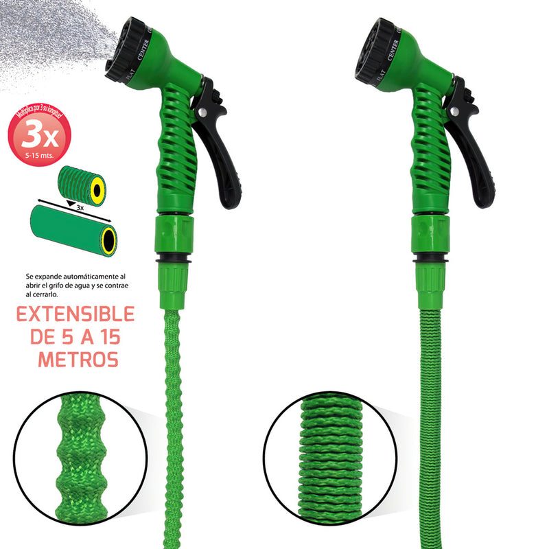 Manguera extensible riego compacto 5 a 15 metros con pistola 7 posiciones
