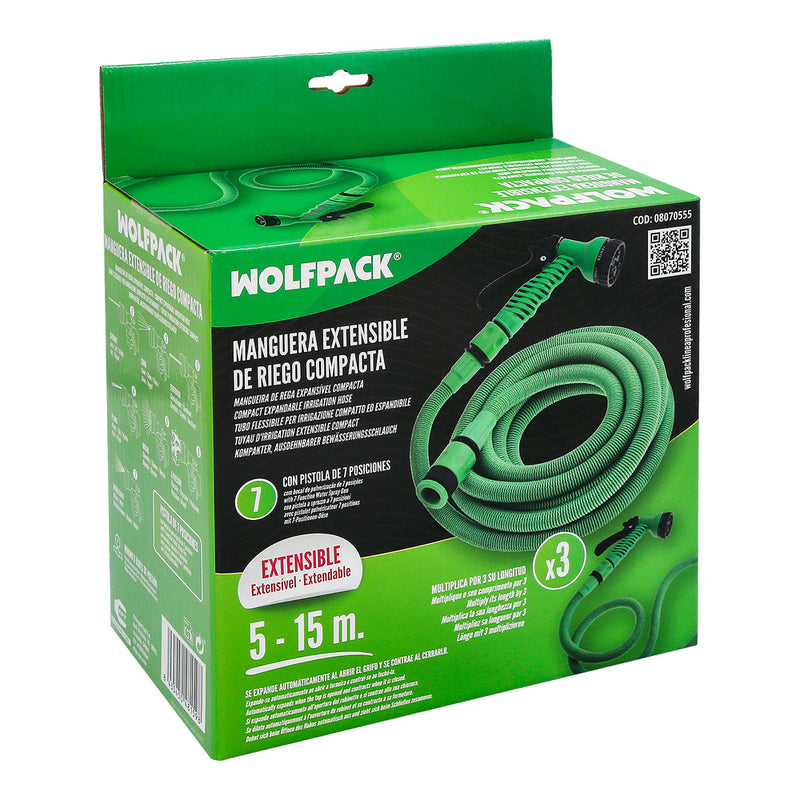 Manguera extensible riego compacto 5 a 15 metros con pistola 7 posiciones
