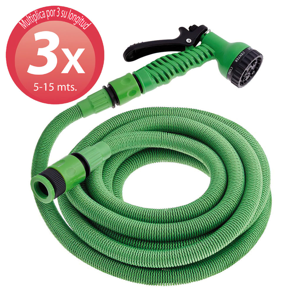 Manguera extensible riego compacto 5 a 15 metros con pistola 7 posiciones