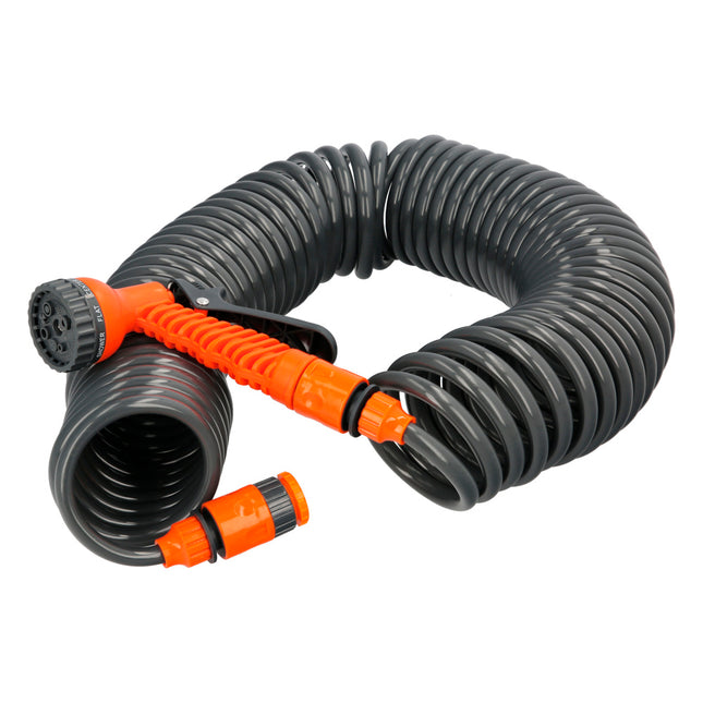 Manguera  extensible autoenroscable espiral 15 metros con pistola y conectores
