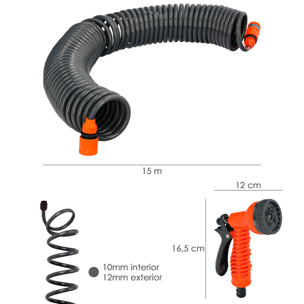 Manguera extensible autoenroscable espiral 15 metros con pistola y conectores