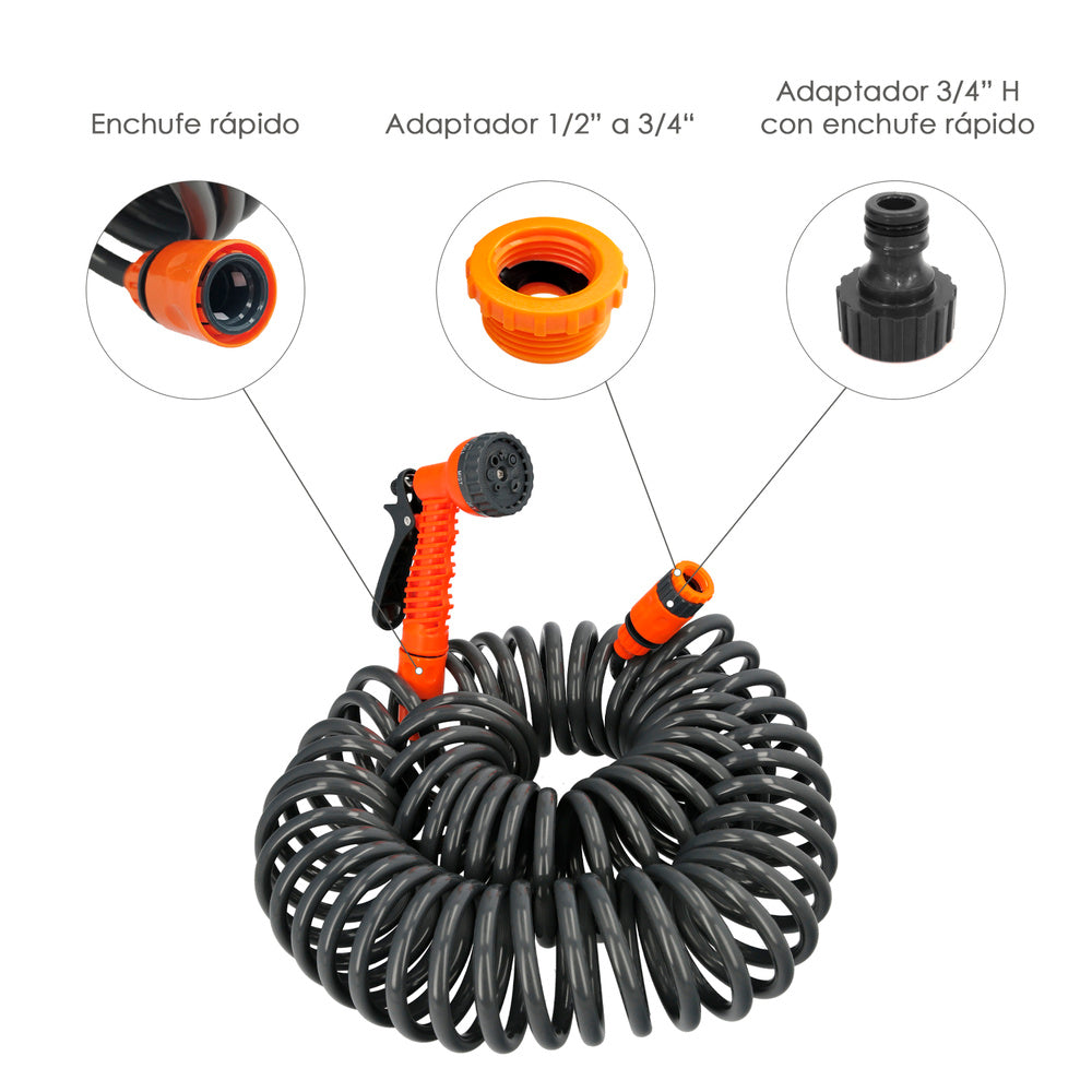 Manguera extensible autoenroscable espiral 15 metros con pistola y conectores