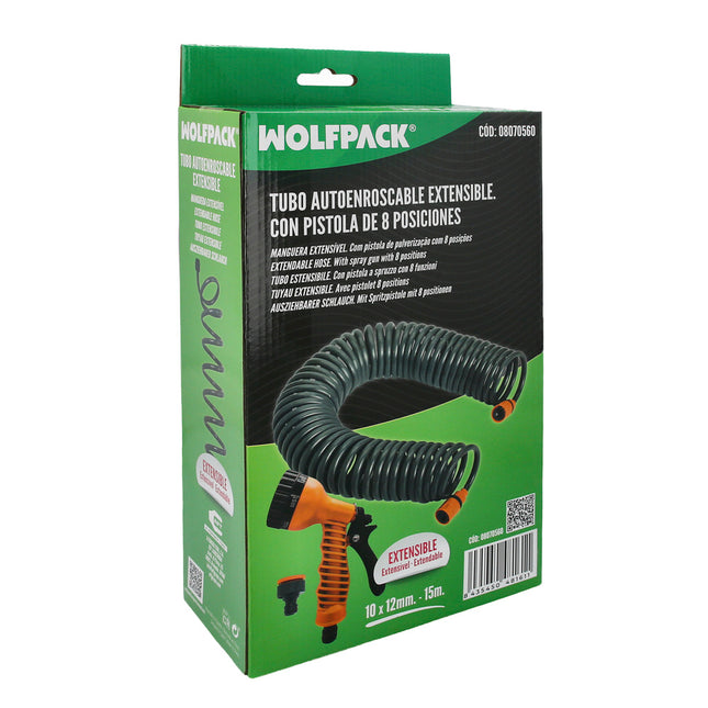Manguera  extensible autoenroscable espiral 15 metros con pistola y conectores