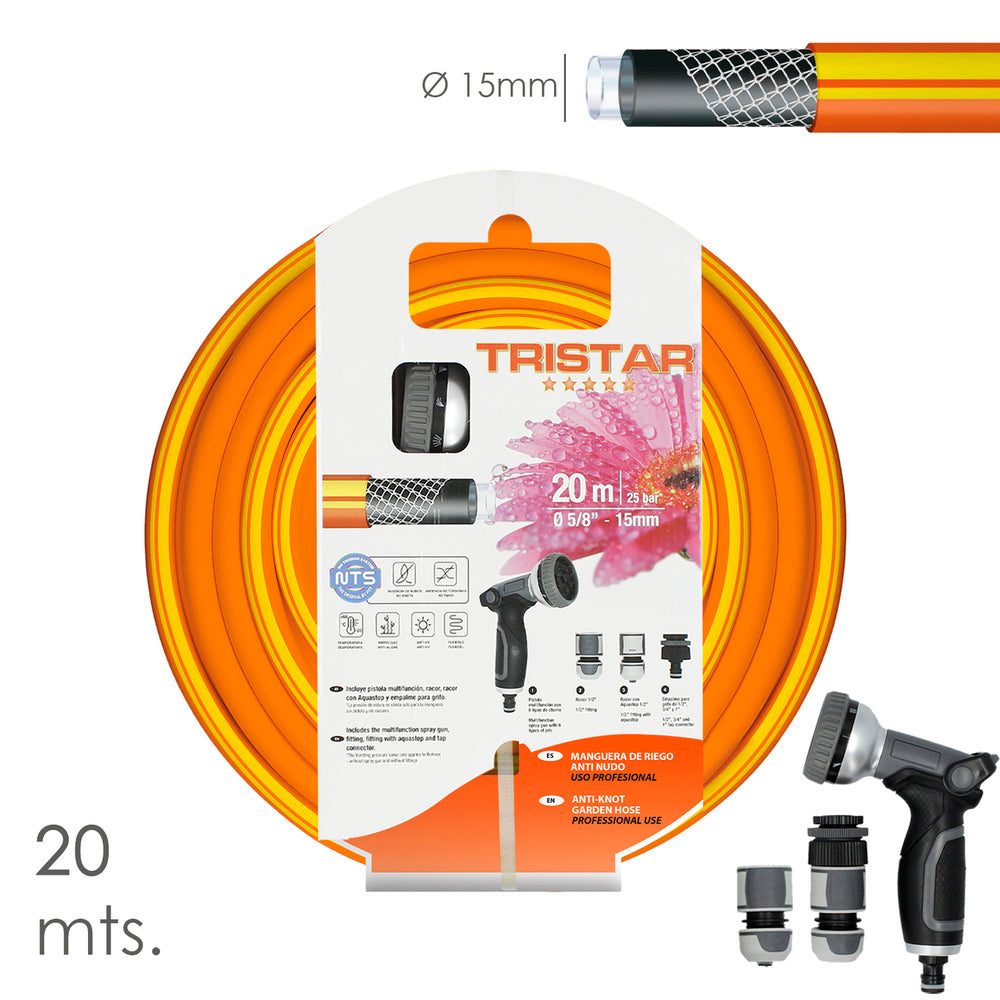Manguera tricotado no torsion 15 mm. - 5/8" rollo 20 metros con kit de riego