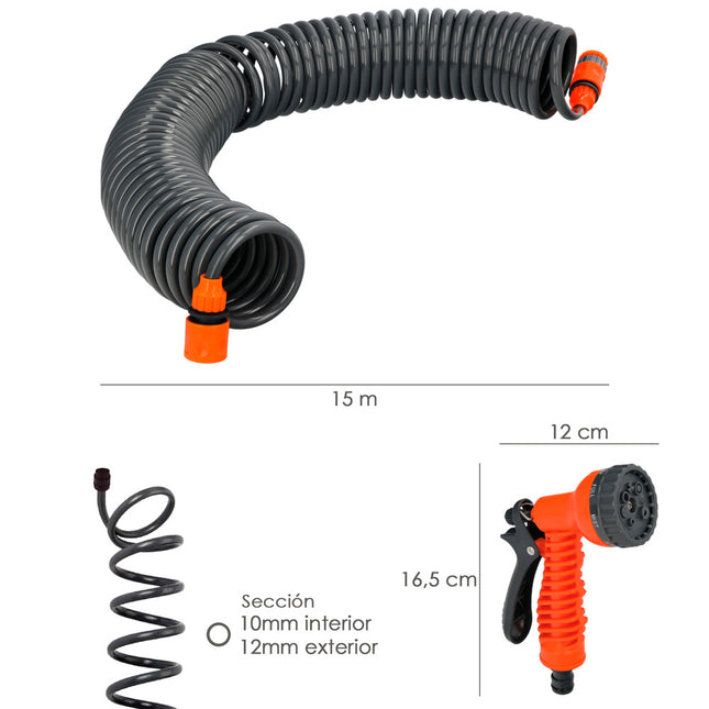 Manguera  extensible espiral autoenroscable para riego jardín 15 metroscon pistola y conectores