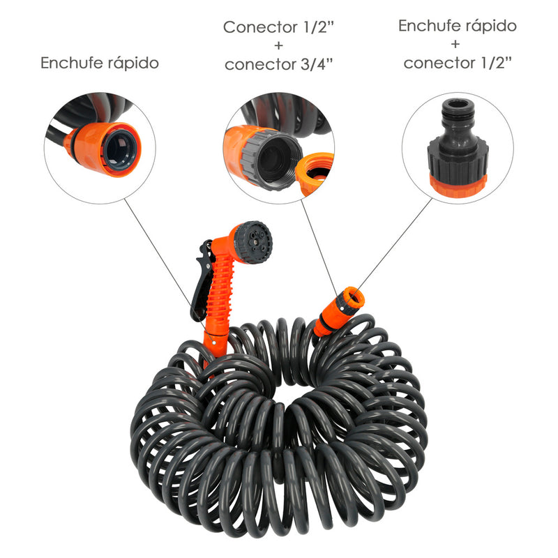 Manguera  extensible espiral autoenroscable para riego jardín 15 metroscon pistola y conectores