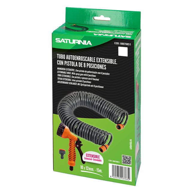 Manguera  extensible espiral autoenroscable para riego jardín 15 metroscon pistola y conectores