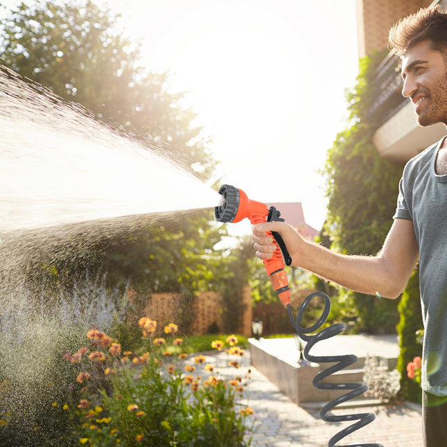 Manguera  extensible espiral autoenroscable para riego jardín 15 metroscon pistola y conectores