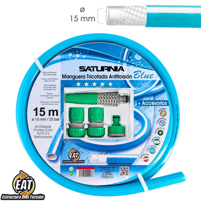 Manguera tricotada no torsion blue ø 15 mm. rollo 15 metros. con accesorios,  manguera anti torsion, manguera sin dobleces,