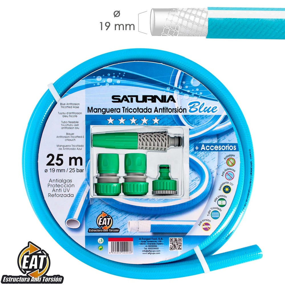 Knitted non-kink blue hose ø 19 mm roll 25 meters. With fittings, anti-kink hose, non-creasing hose,