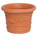 Vaso Saturnia redondo em resina, cor terracota, resistente, ideal para exterior, 35 cm de diâmetro.
