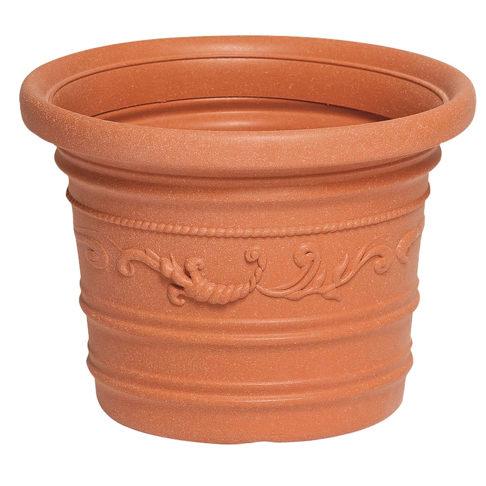 Saturnia round resin planter, terracotta color, resistant, ideal for outdoors, 40 cm diameter.