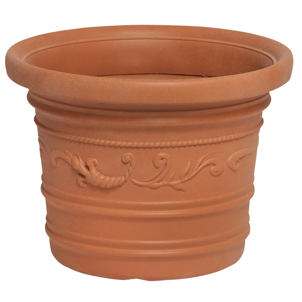 Saturnia round resin planter, terracotta color, resistant, ideal for outdoors, 45 cm diameter.