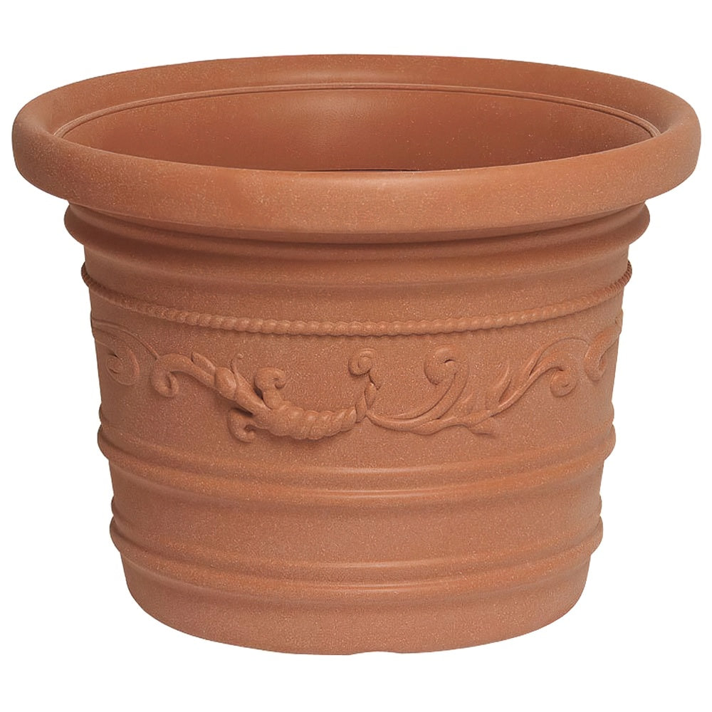 Saturnia round resin planter, terracotta color, resistant, ideal for outdoor use, 60 cm diameter.