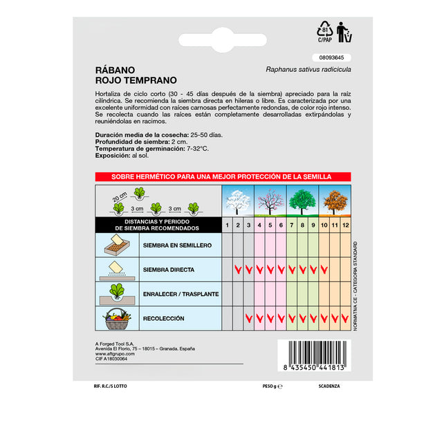 Semillas rabano rojo temprano (8 gramos) semillas verduras, horticultura, horticola, semillas huerto