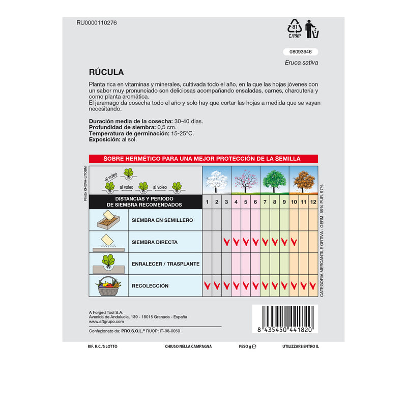 Semillas rucula (9 gramos) semillas verduras, horticultura, horticola, semillas huerto