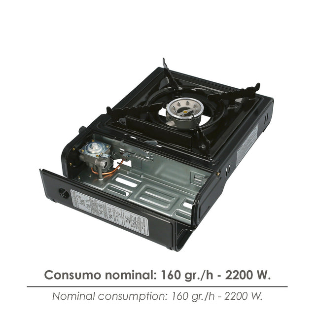 Cocina gas inoxidable a cartucho con maletin, cocina portatil, cartuchos gas 230 gramos. certificacion EN 17476/2021