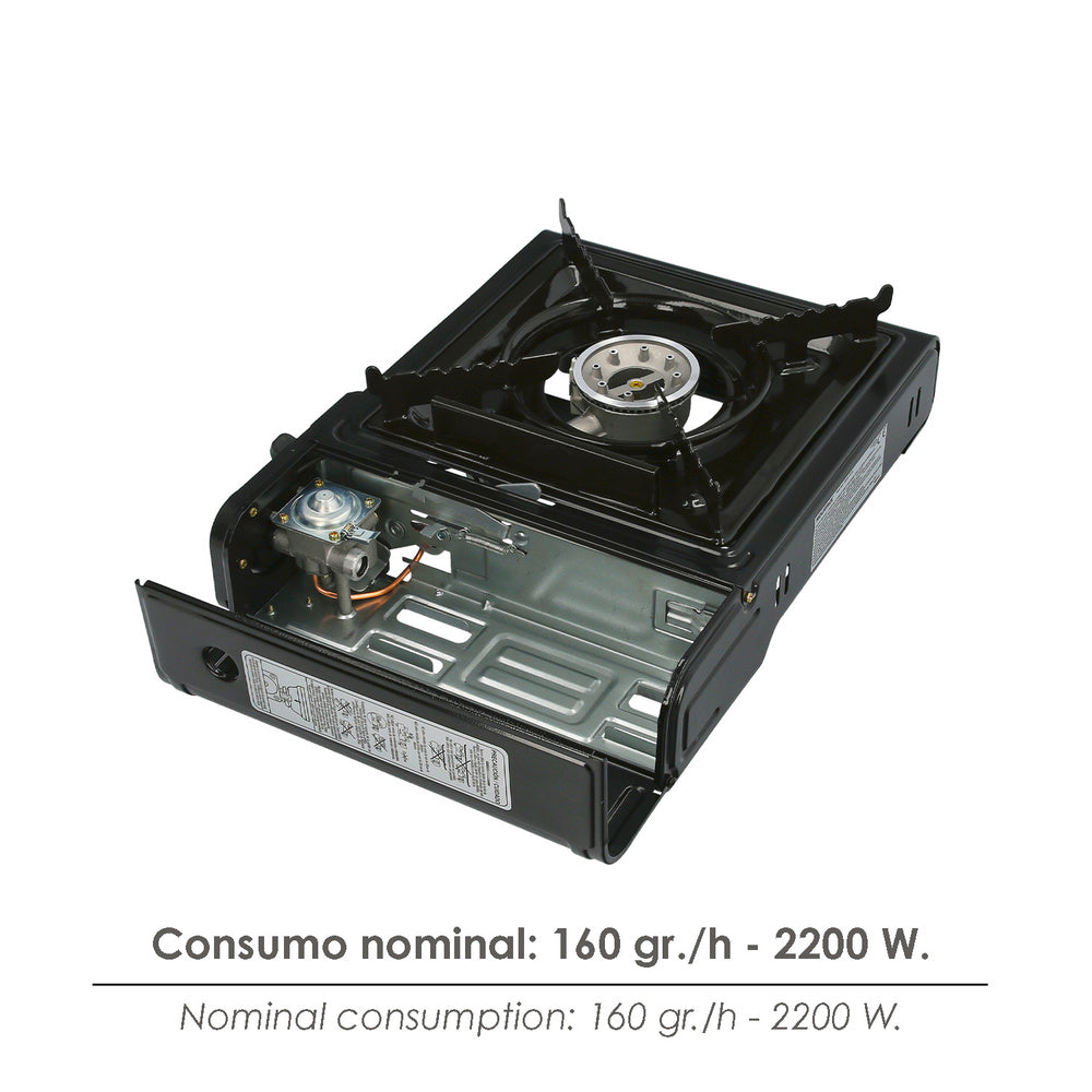 Stainless steel gas stove with case, portable stove, 230 gram gas cartridges. Certification EN 17476/2021