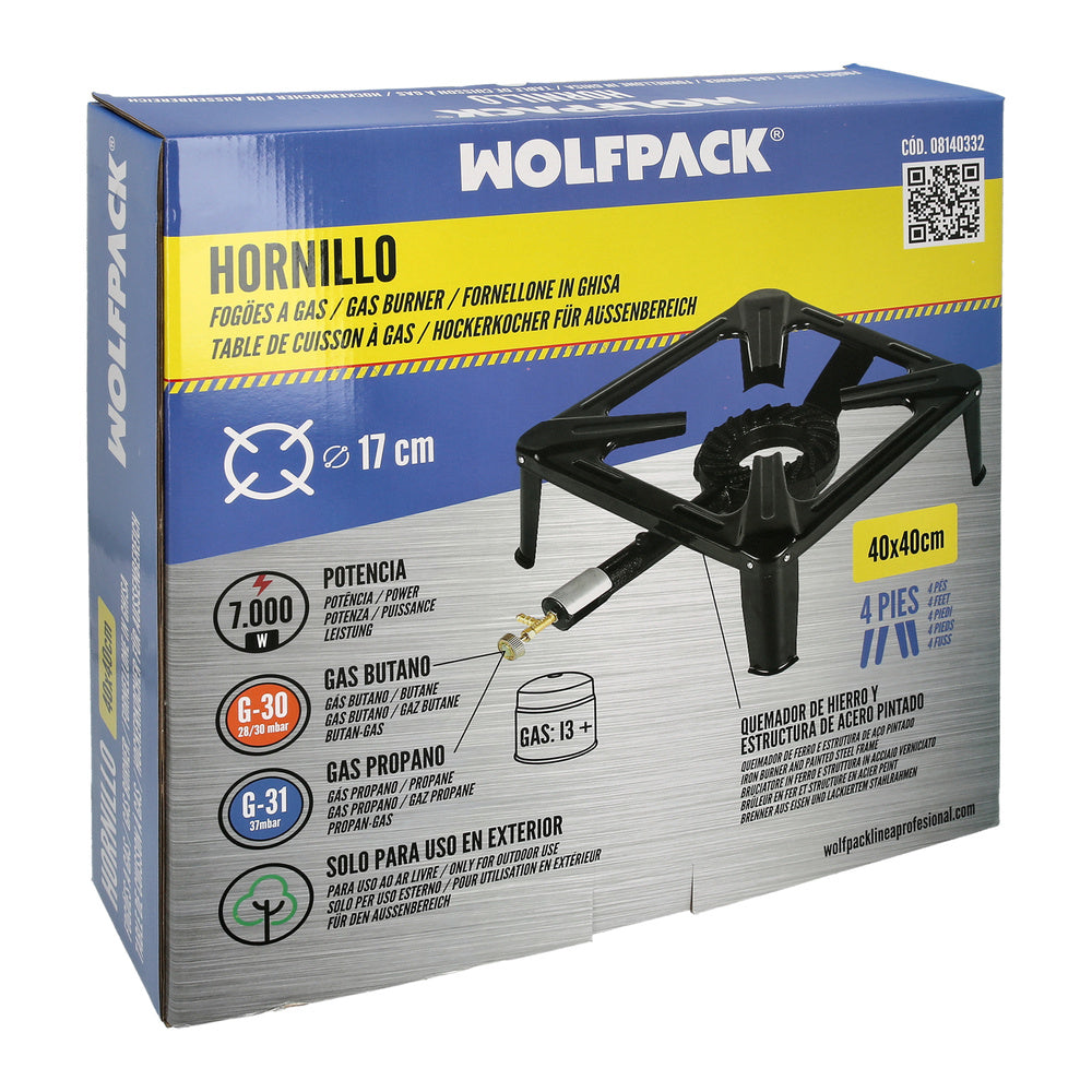 Hornillo gas 4 pies 40x40 cm potencia 7.000 watts.
