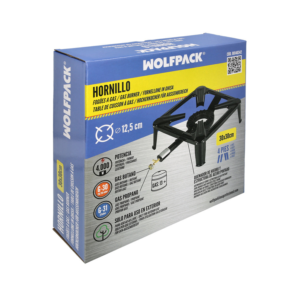 Hornillo gas 4 pies 30x30 cm potencia 4.000 watts.