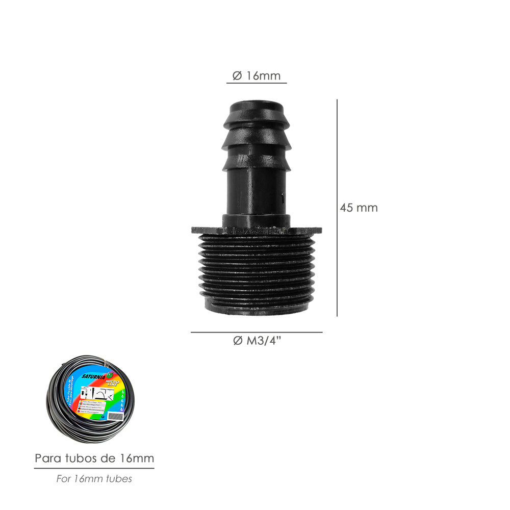 Unión rosca macho 3/4" a toma para tuberías goteo ø 16 mm (bolsa 100 uds) riego por goteo, microaspersión, riego nebulización