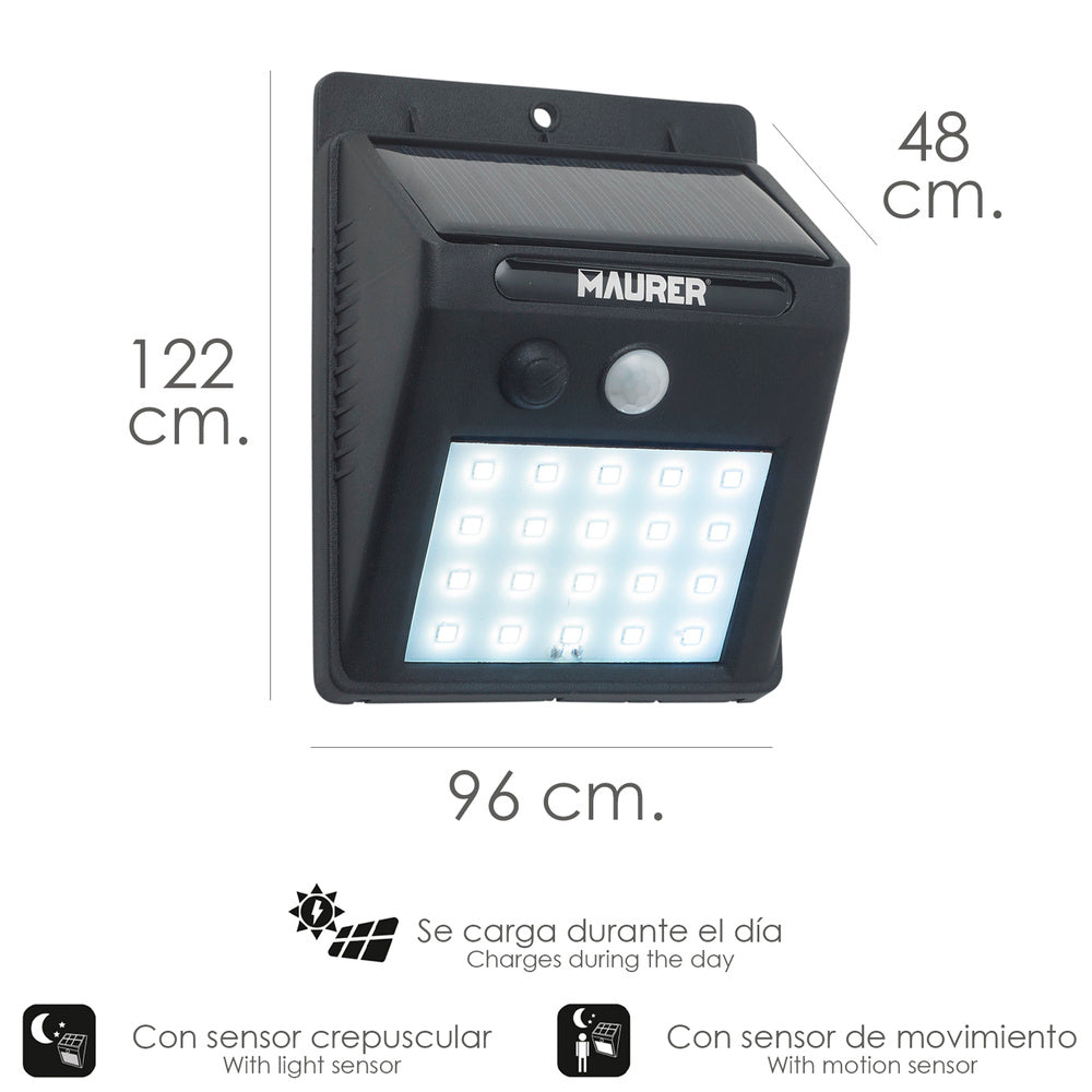 Aplique foco solar led exterior ip65, 200 lumenes, sensor movimiento y crepuscular, foco led bateria, foco solar bateria,