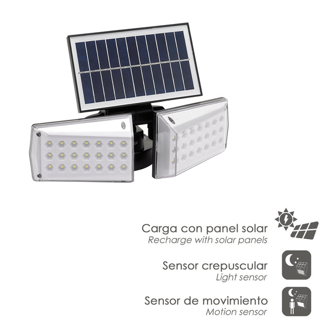 Aplique solar LED doble con sensor de movimiento / crepuscular 450 lumenes. protección IP65