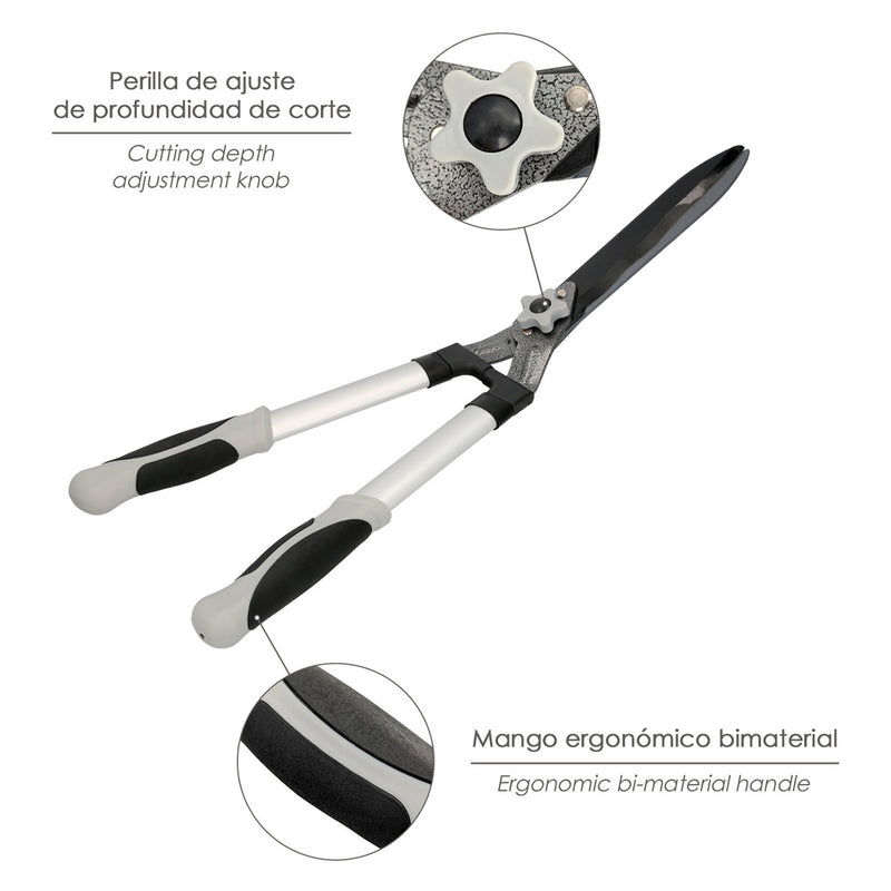 Tijeras podar setos 2 manos aluminio 63 cm. hojas acero antiadherente, mango TPR, ajuste corte