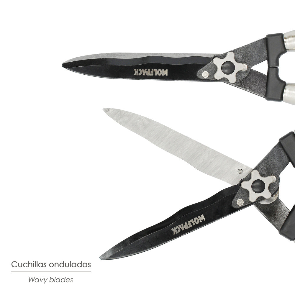 Tijeras podar setos 2 manos mangos madera 54 cm. Hojas acero antiadherente, ajuste corte