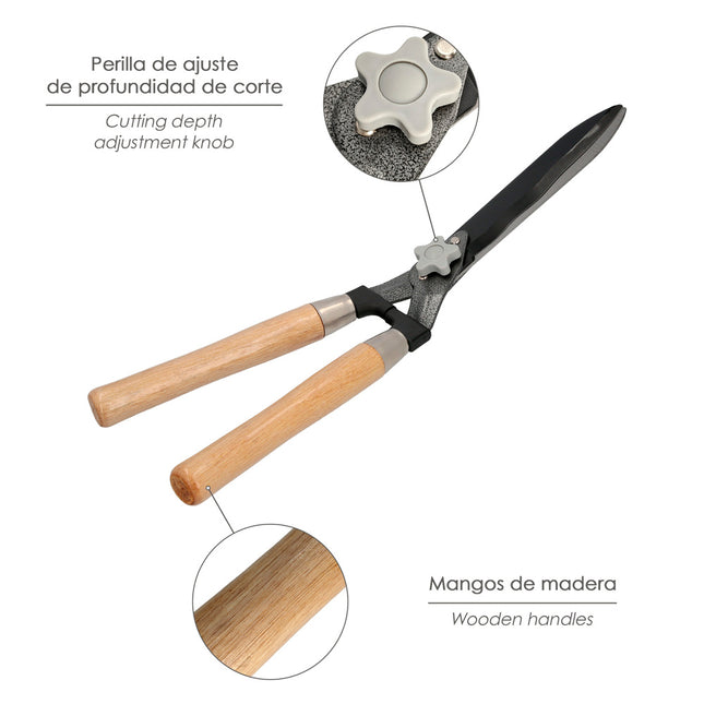 Tijeras podar setos 2 manos mangos madera 54 cm. hojas acero antiadherente, ajuste corte
