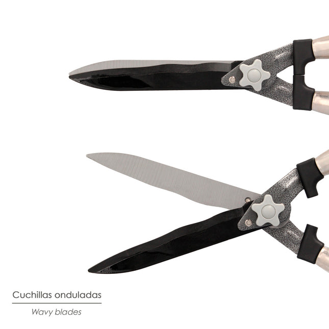 Tijeras podar setos 2 manos mangos madera 54 cm. hojas acero antiadherente, ajuste corte