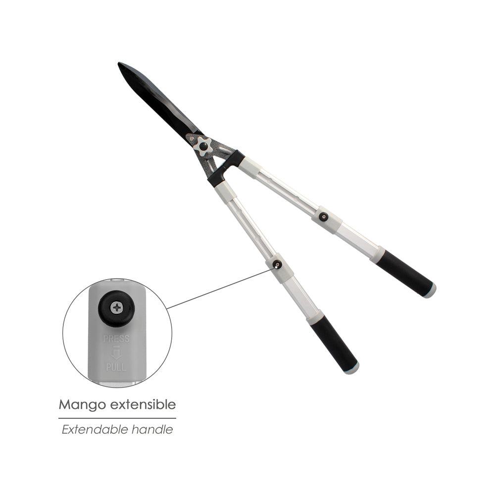 Two-hand telescopic aluminum hedge shears, non-stick steel blades, TPR handle, cutting adjustment,