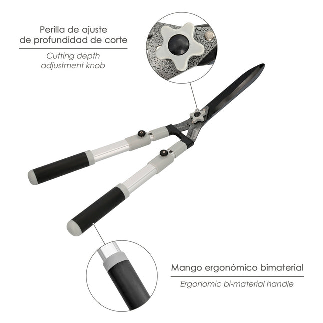 Tijeras podar setos 2 manos aluminio telescopicas, hojas acero antiadherente, mango TPR, ajuste corte,