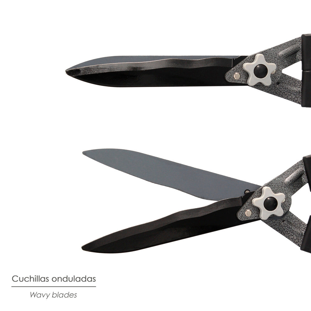 Two-hand telescopic aluminum hedge shears, non-stick steel blades, TPR handle, cutting adjustment,
