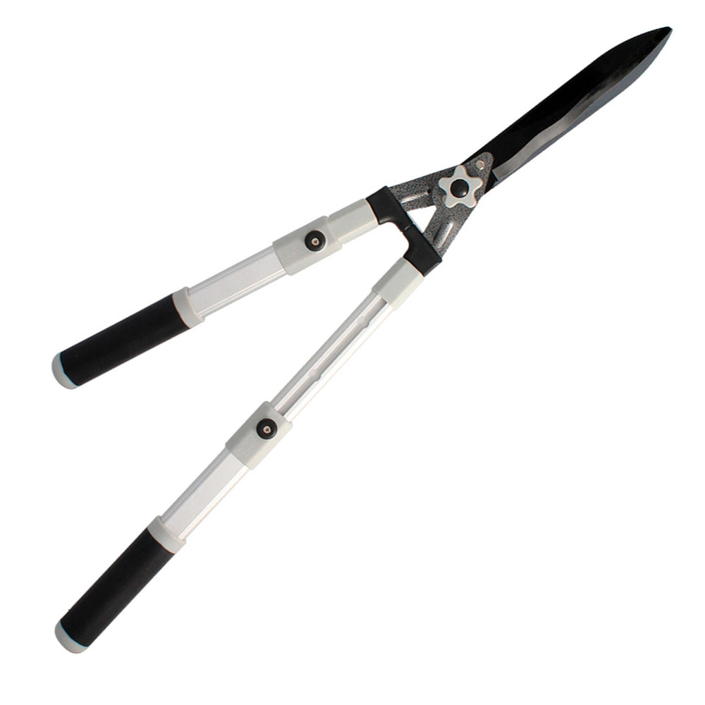 Two-hand telescopic aluminum hedge shears, non-stick steel blades, TPR handle, cutting adjustment,