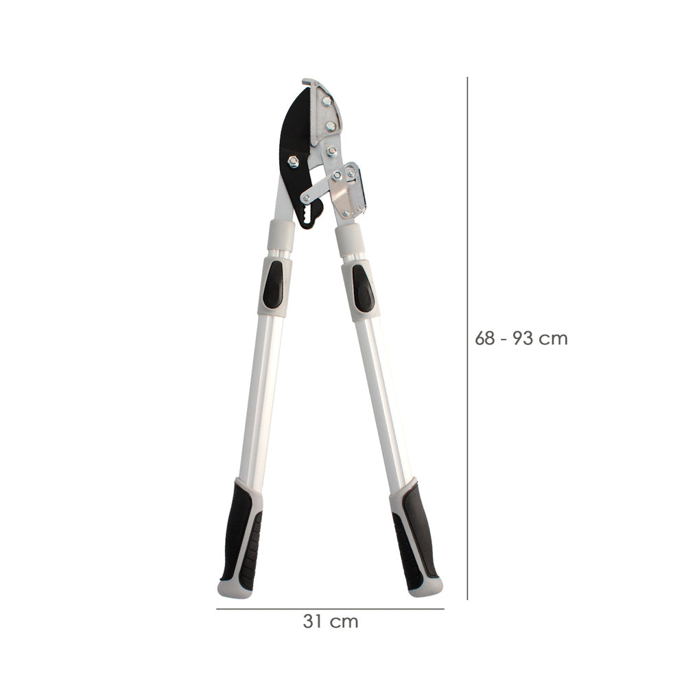 Anvil-type two-hand pruning shears. Telescopic from 68 to 95 cm, aluminum handle, force multiplier, cutting capacity ø 35 mm, TPR grip.