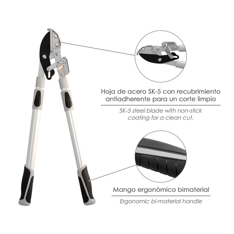 Tijeras podar 2 manos yunque. telescopica de 68 a 95 cm. mango aluminio multiplicador fuerza, corte ø 35 mm. empuñadura TPR