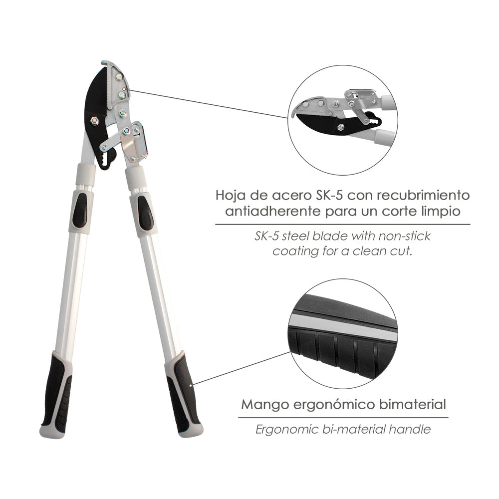 Tijeras podar 2 manos yunque. Telescópica de 68 a 95 cm mango aluminio multiplicador fuerza, corte ø 35 mm empuñadura tpr