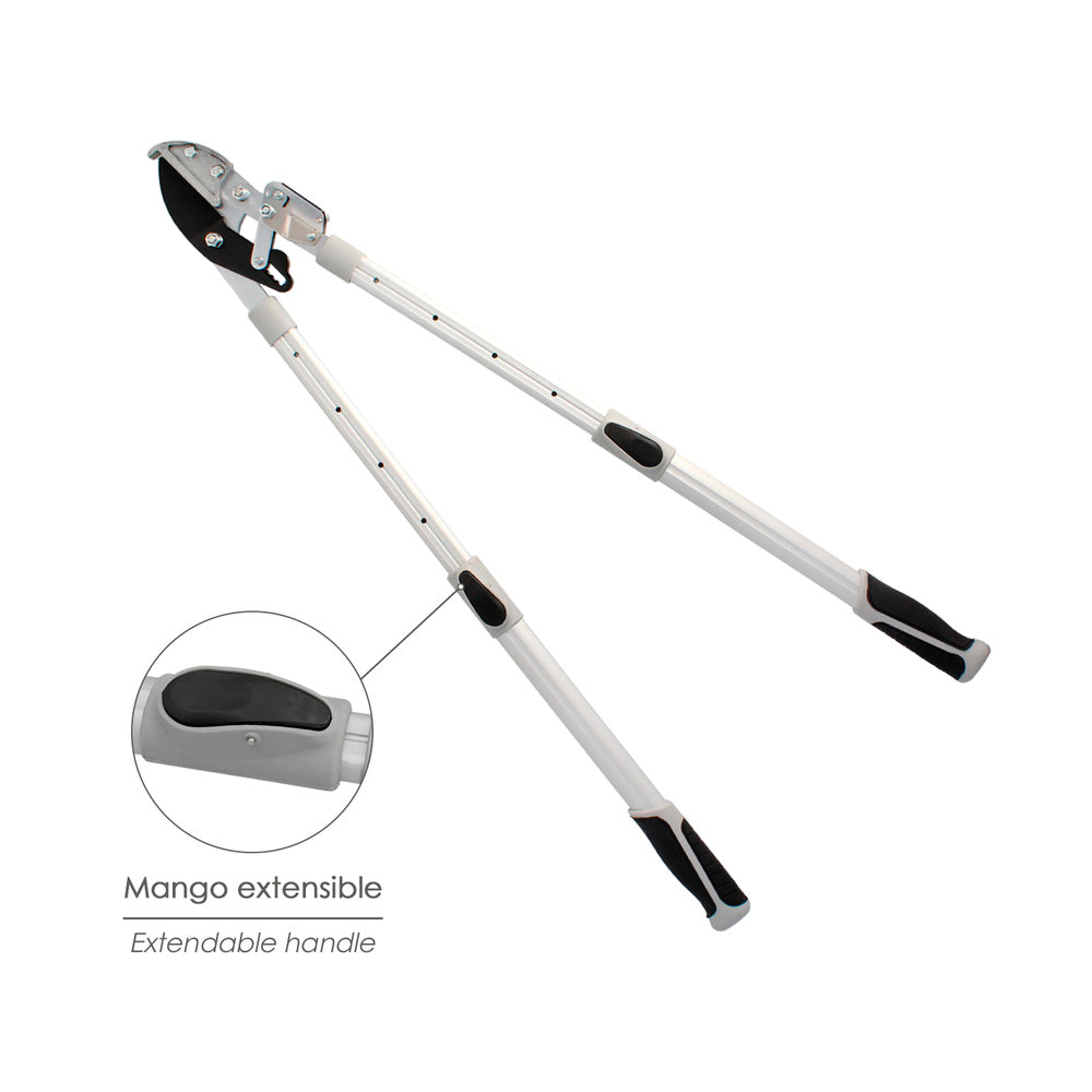 Anvil-type two-hand pruning shears. Telescopic from 68 to 95 cm, aluminum handle, force multiplier, cutting capacity ø 35 mm, TPR grip.