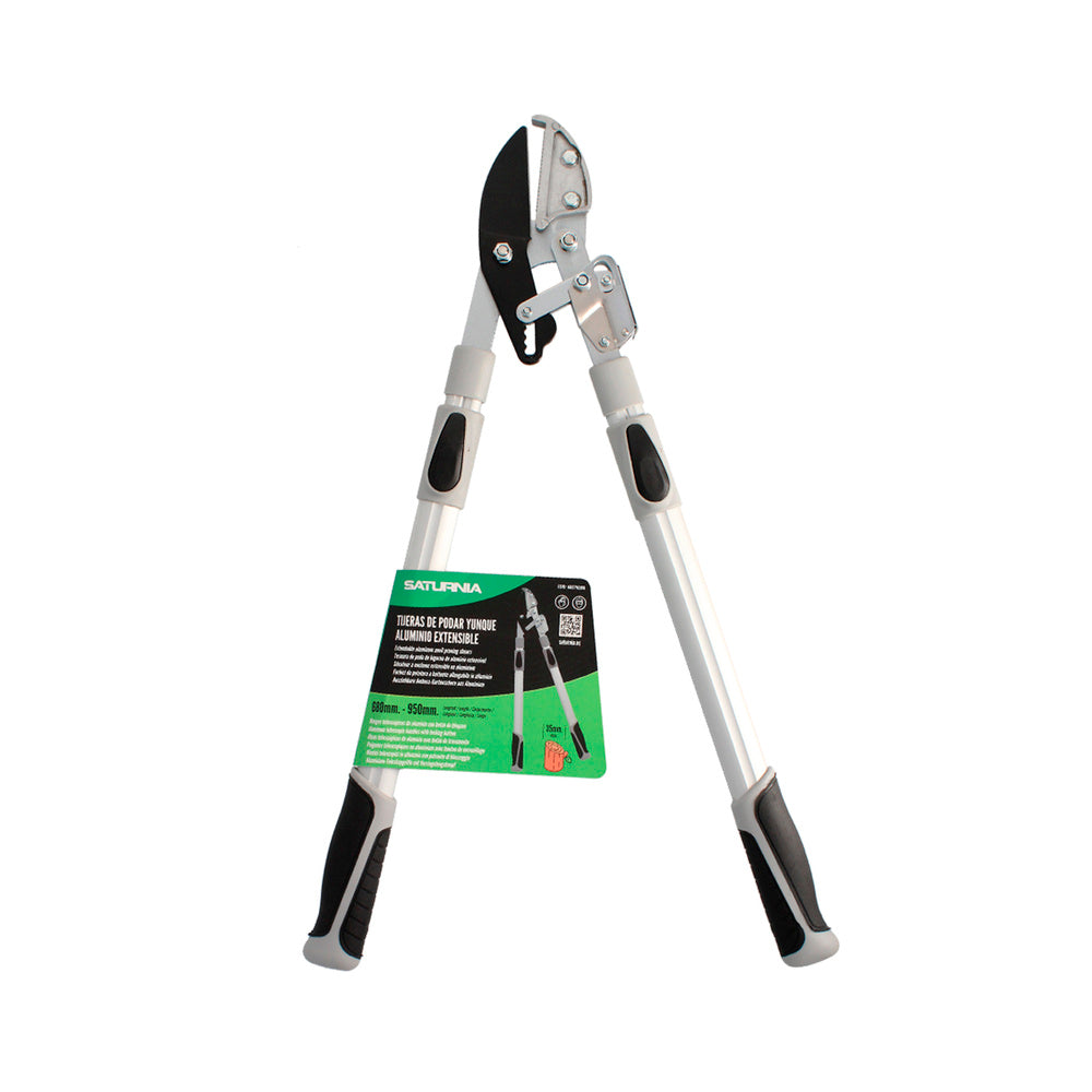 Anvil-type two-hand pruning shears. Telescopic from 68 to 95 cm, aluminum handle, force multiplier, cutting capacity ø 35 mm, TPR grip.