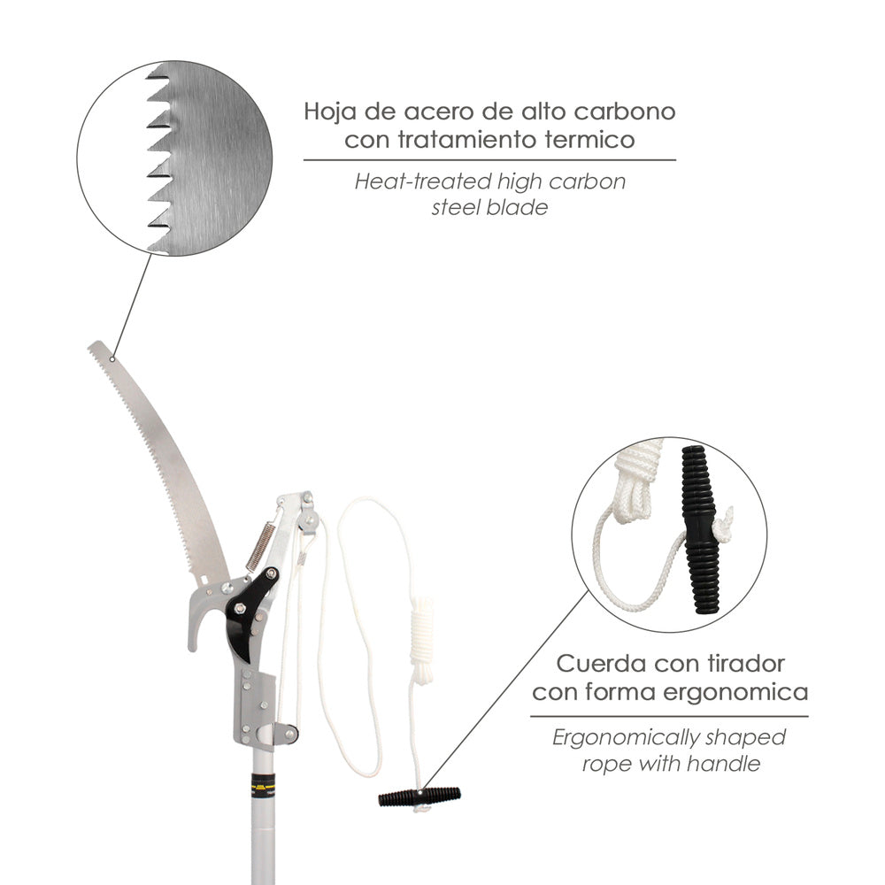 Branch cutter with saw, aluminum handle, extendable from 1.8 to 2.8 meters