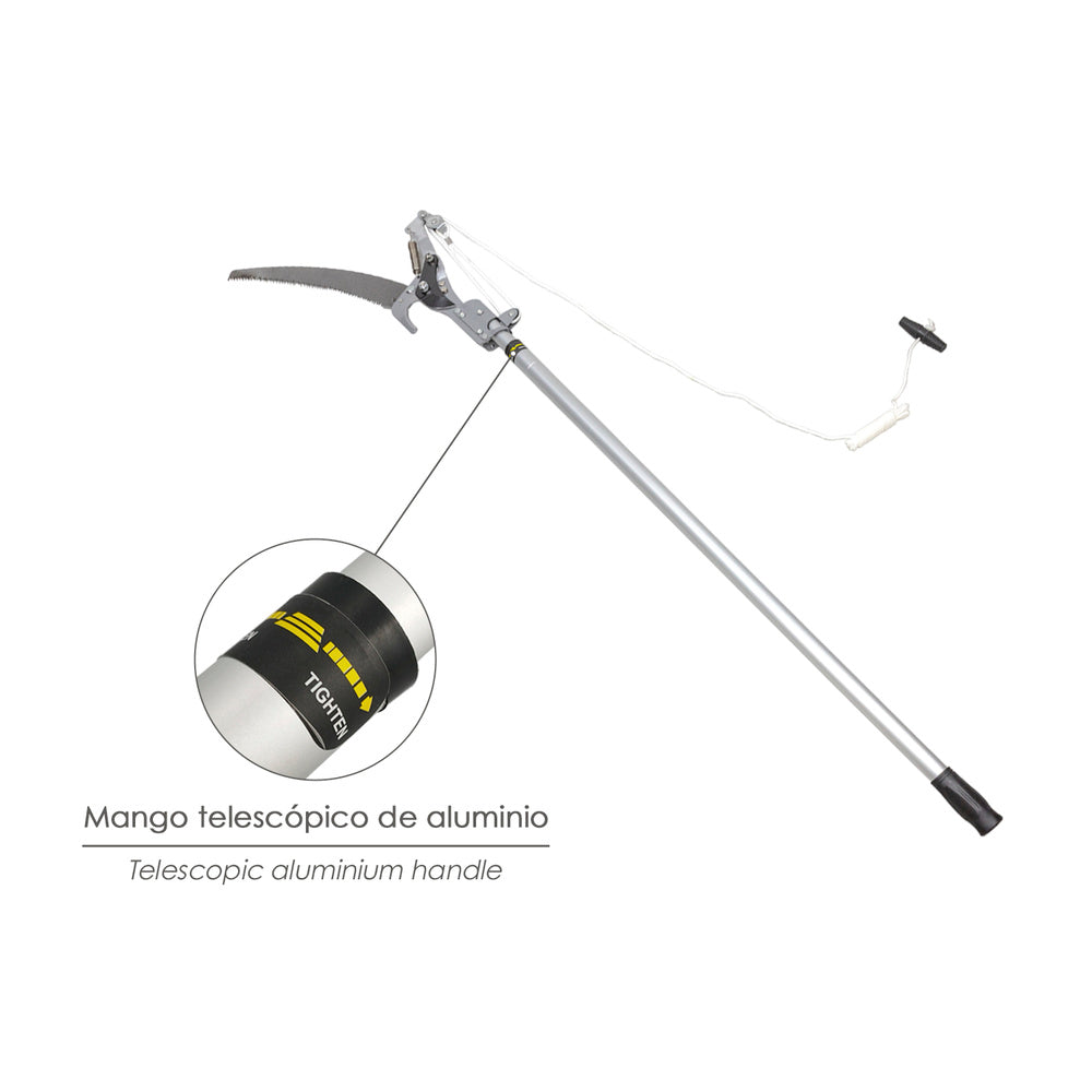 Branch cutter with saw, aluminum handle, extendable from 1.8 to 2.8 meters