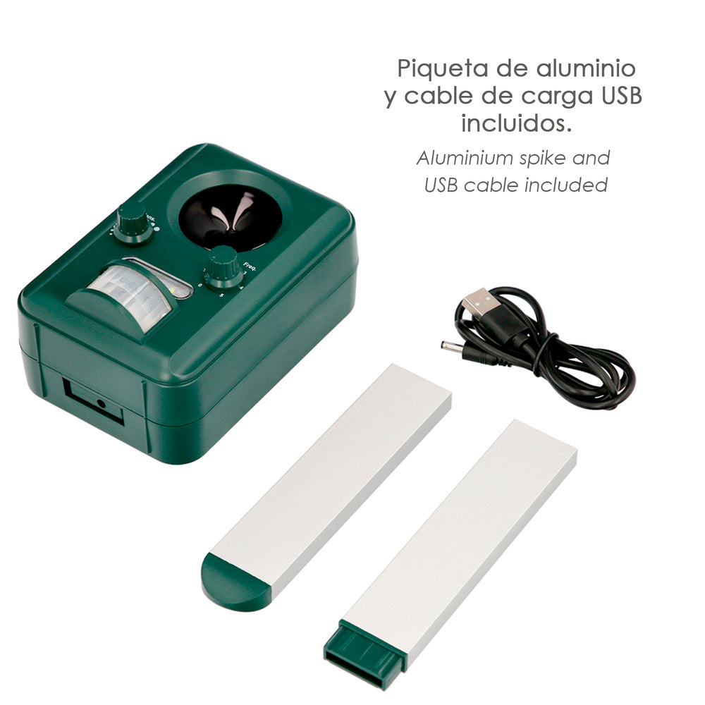 Solar/USB ultrasonic animal repeller. Repels rodents, mice, cats, dogs, birds, etc.
